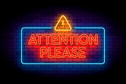 Attention please neon sign on the brick wall with a triangle icon. Vector illustration for web or print projects.